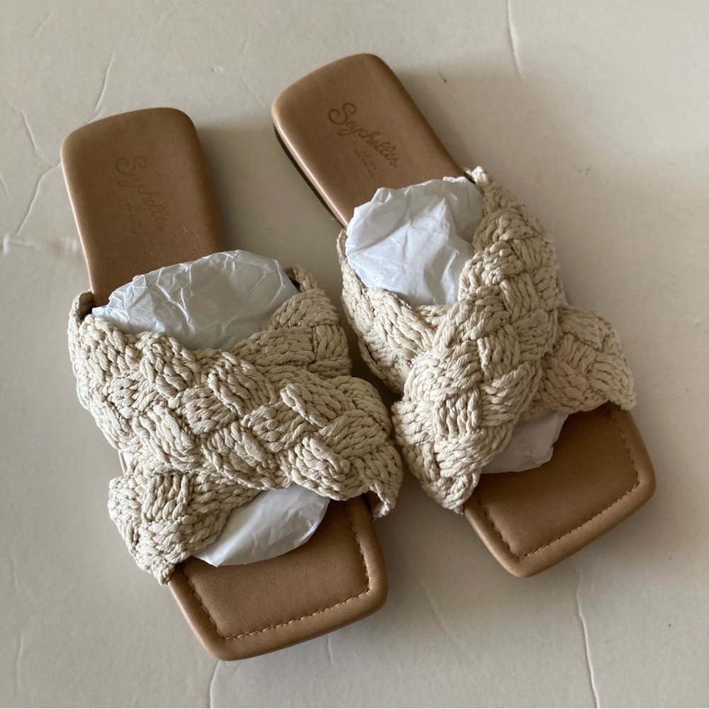 Seychelles Braided Knit Slide Sandals in Beige and Tan